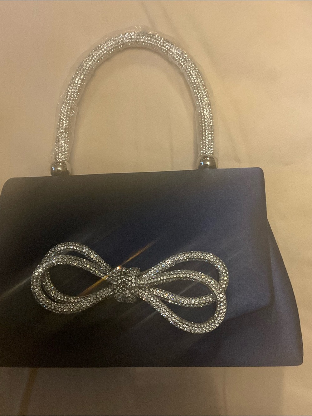 Elegant Navy Satin Evening Bag with Crystal Bow Accent - Picture 2 of 5